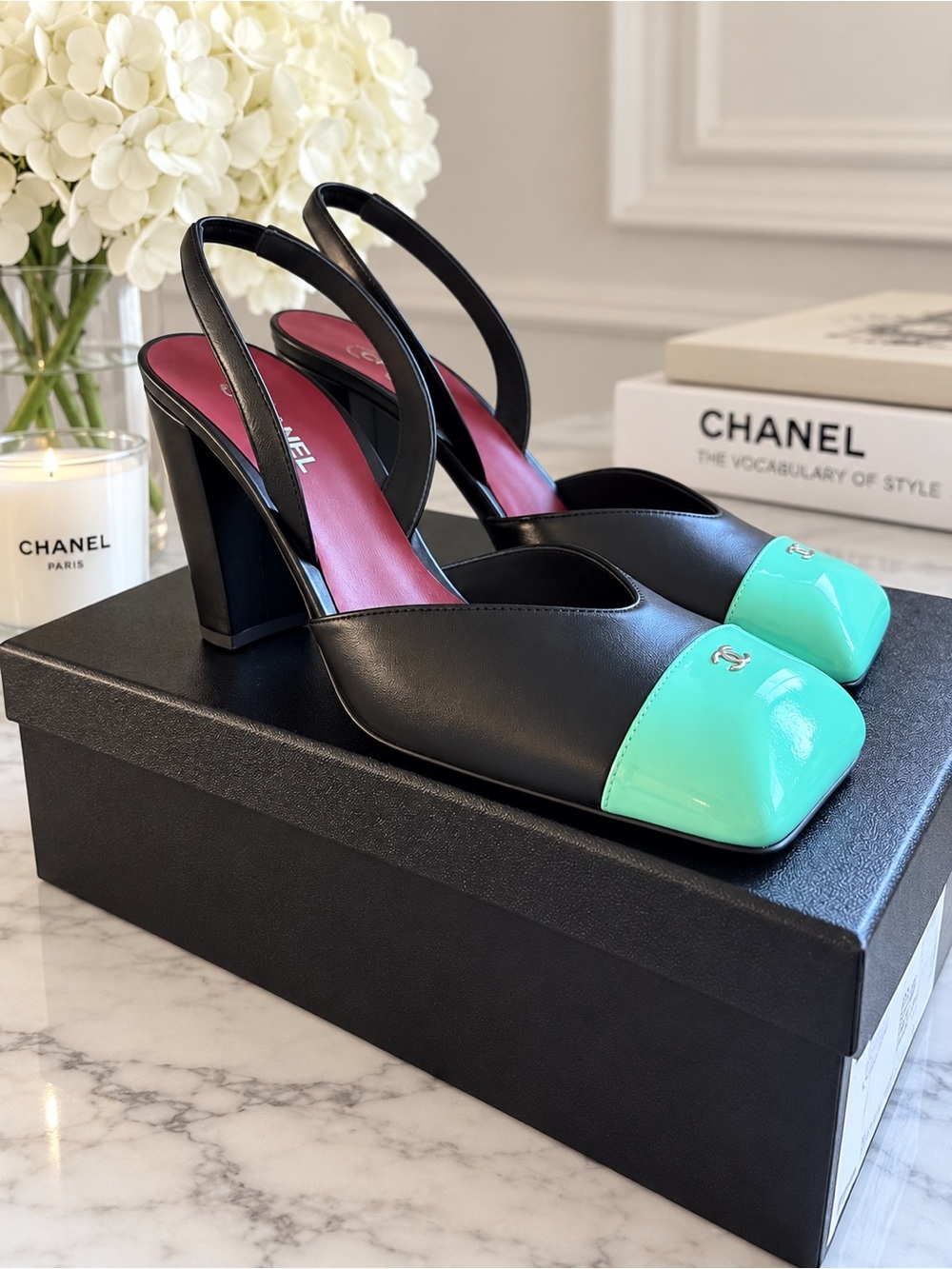 Chanel 26S Blazy Black Green Minty Square Cap Toe Slingback Heels Pumps 39.5